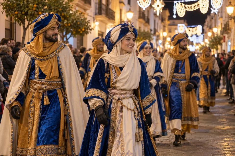 Recreación con IA de un grupo de pajes a pie durante un desfile al anochecer