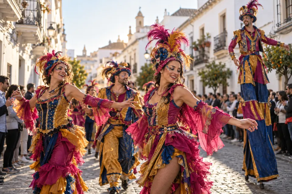 Recreación con IA de un grupo de animación de carnaval en una calle andaluza