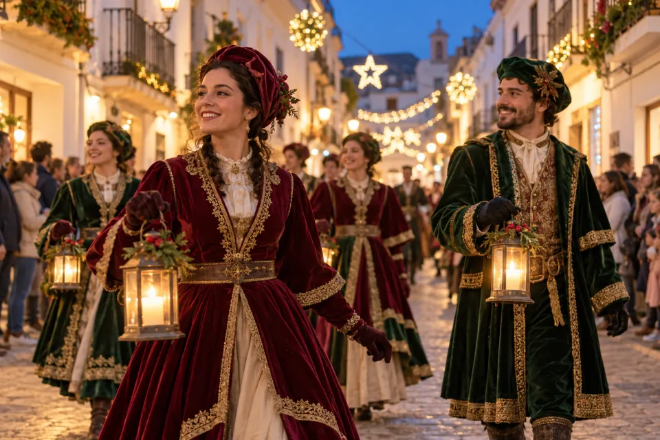 Recreación con IA de artistas con vestuario navideño y faroles en una calle iluminada